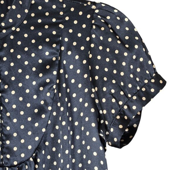 Alice Ritter Shirt Dress Womens 2 100% Silk Black Gold Polka Dot Rounded Hem - Picture 5 of 9